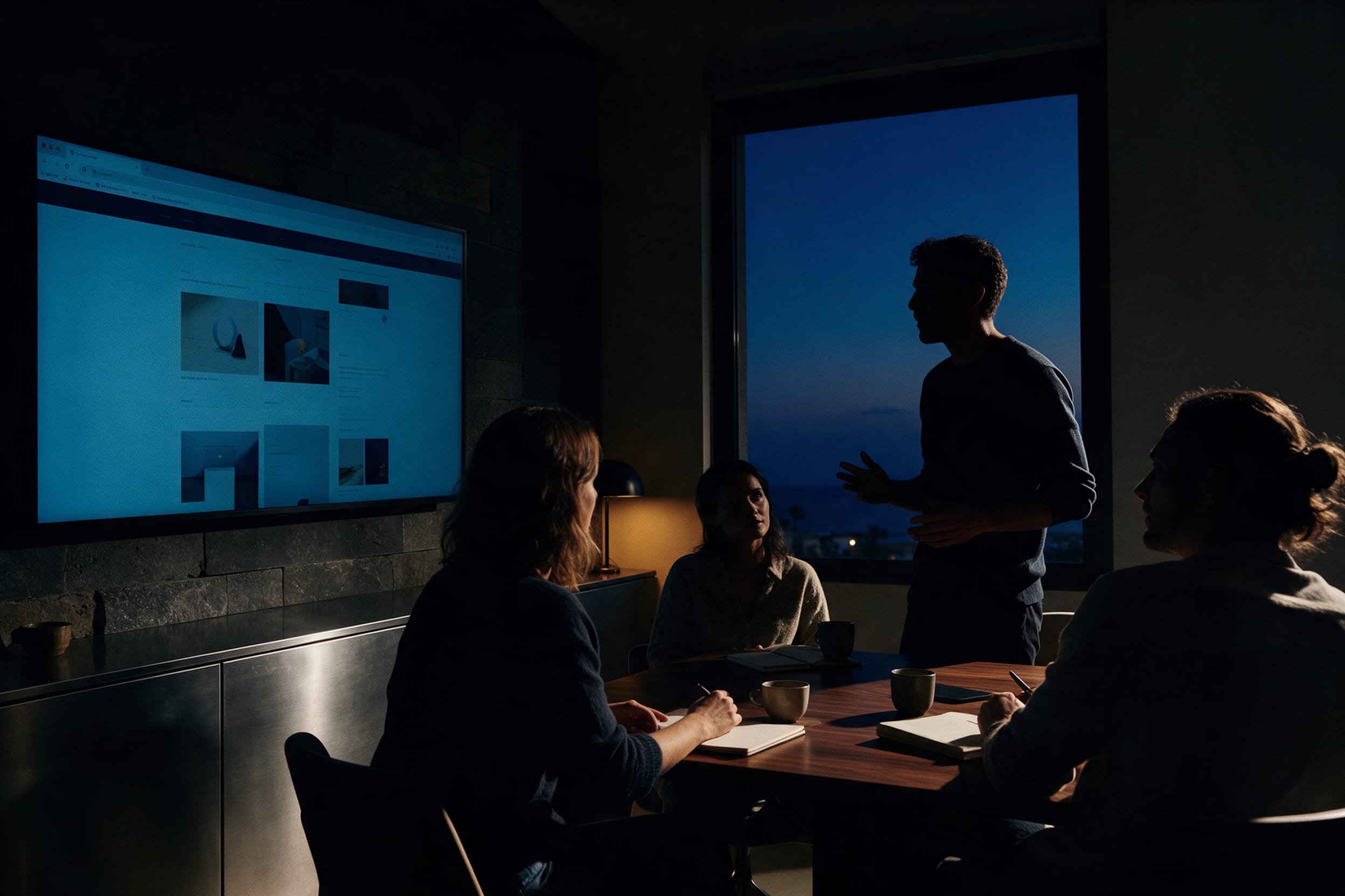 A studio meeting after hours