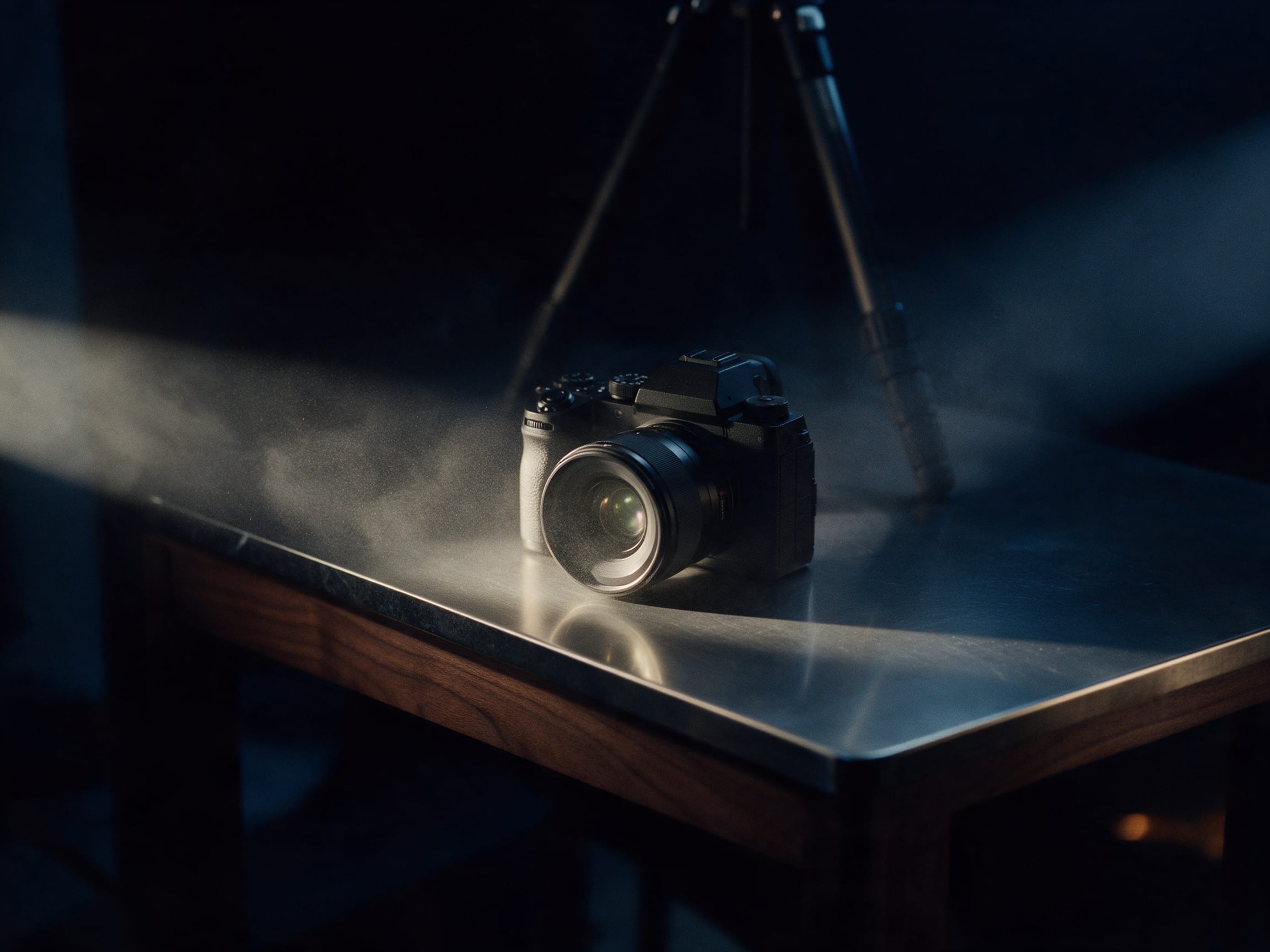 A camera caught in a single beam of light on a dark studio table