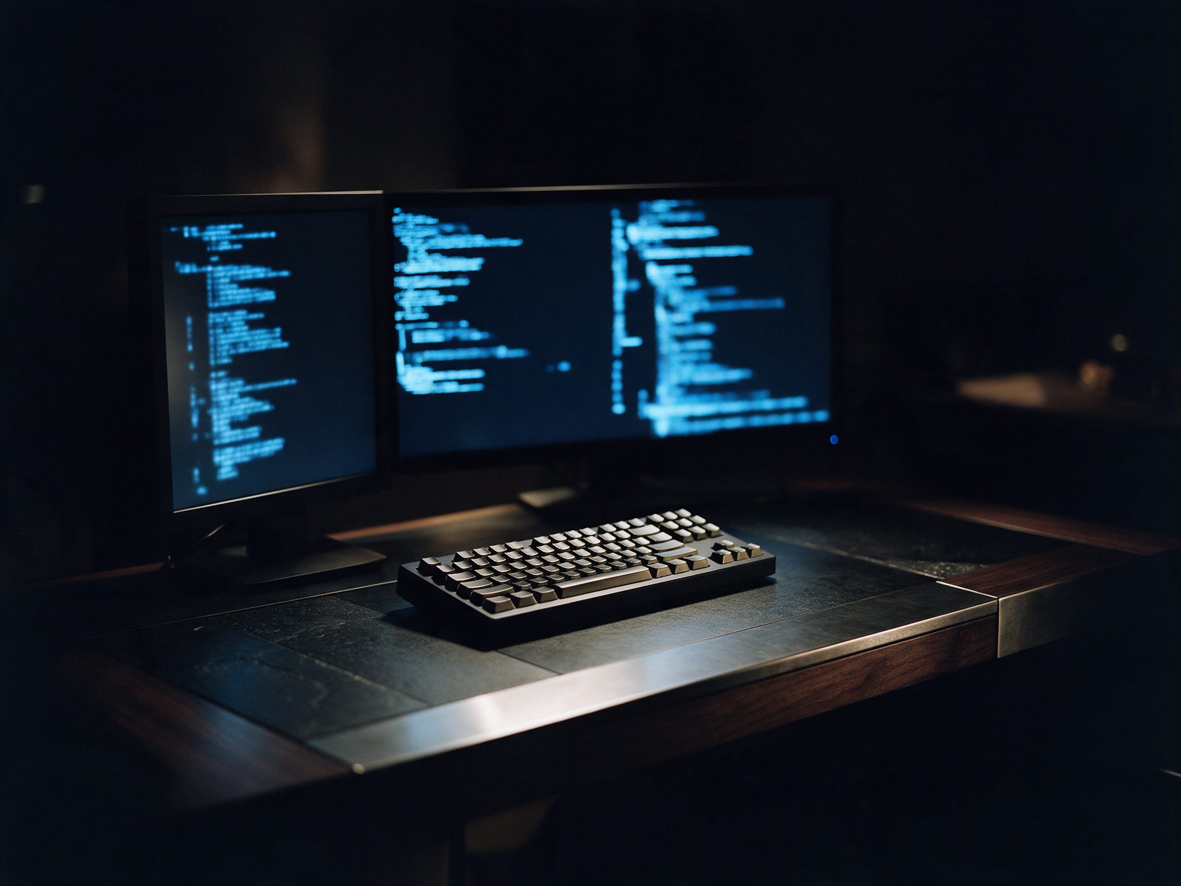 Two monitors glowing with abstract code shapes in a dark developer workspace at night