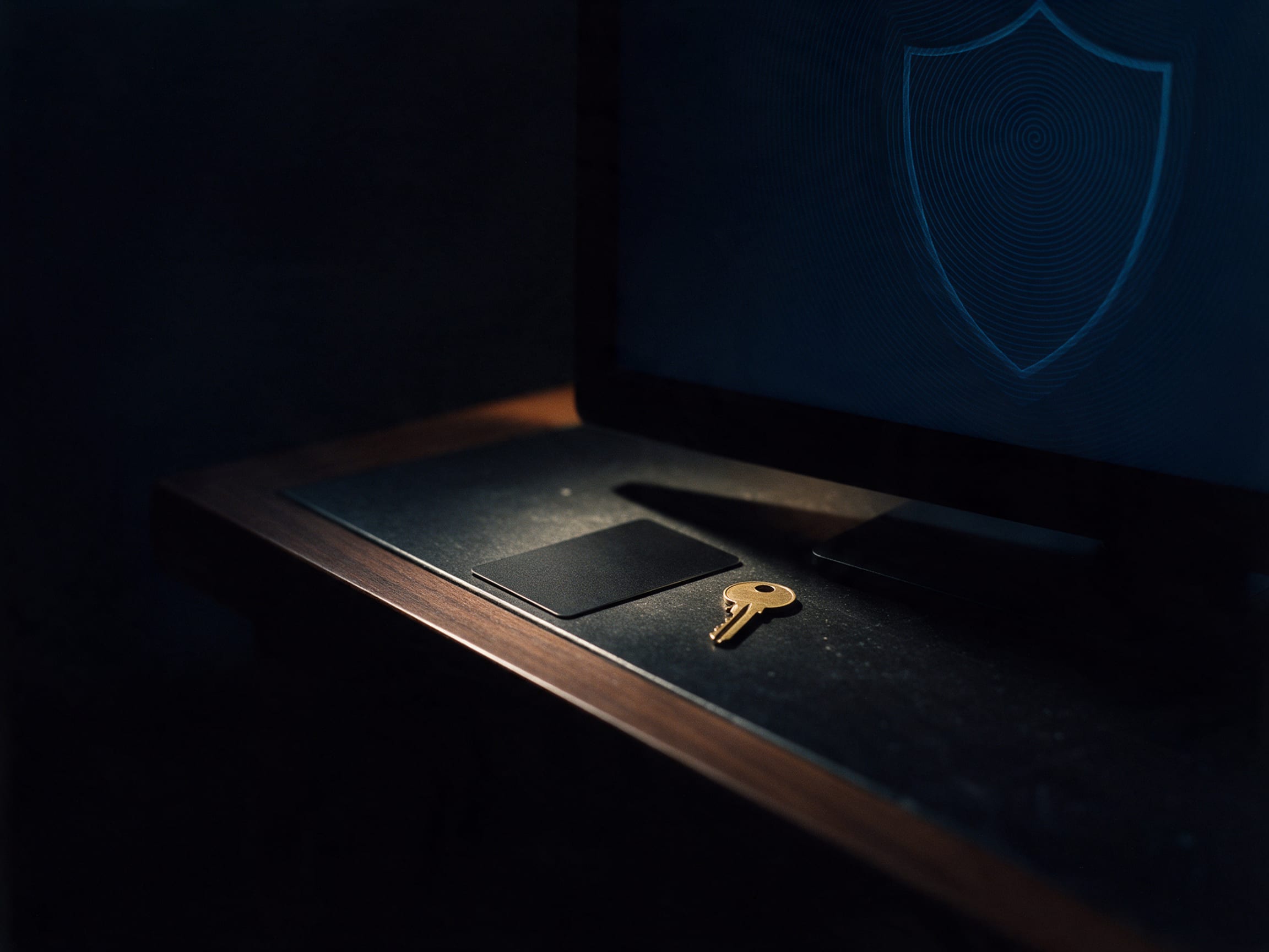 A brass key and a black access card in low light before a dark monitor showing an abstract shield
