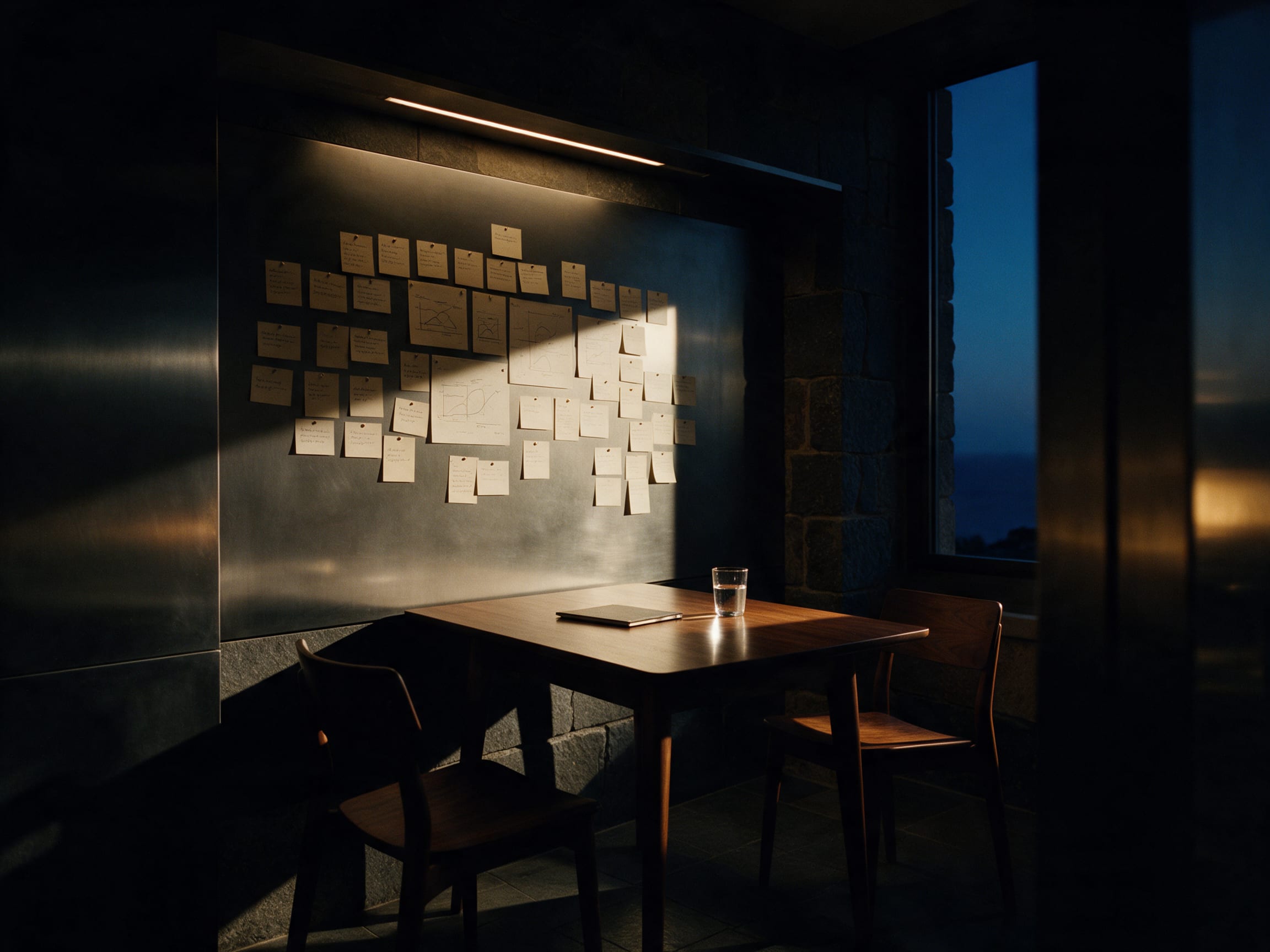 A wall of pinned notes half-lit by a single strip light in a dark meeting room at night