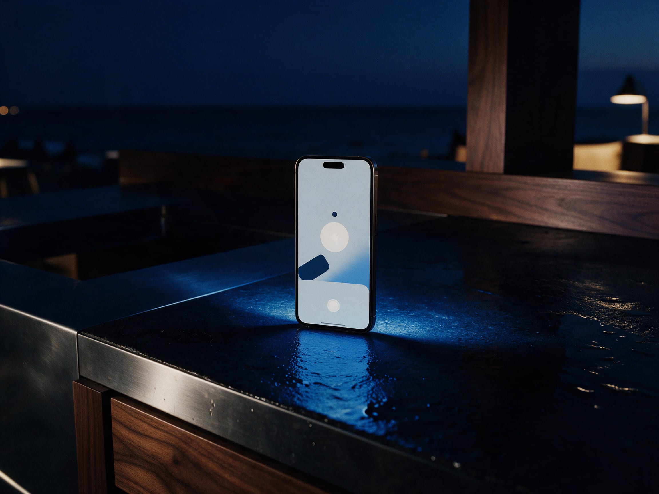 A smartphone glowing on a dark stone counter at night, an abstract app interface on screen